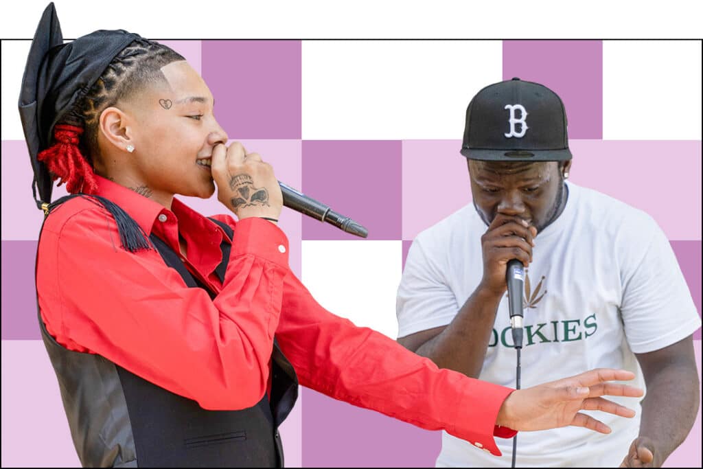 Two people perform with microphones, embodying Deeper Learning; one wears a red shirt, black vest, and graduation cap with red hair, while the other sports a white Rockies shirt and black cap, set against a purple and white checkered background.