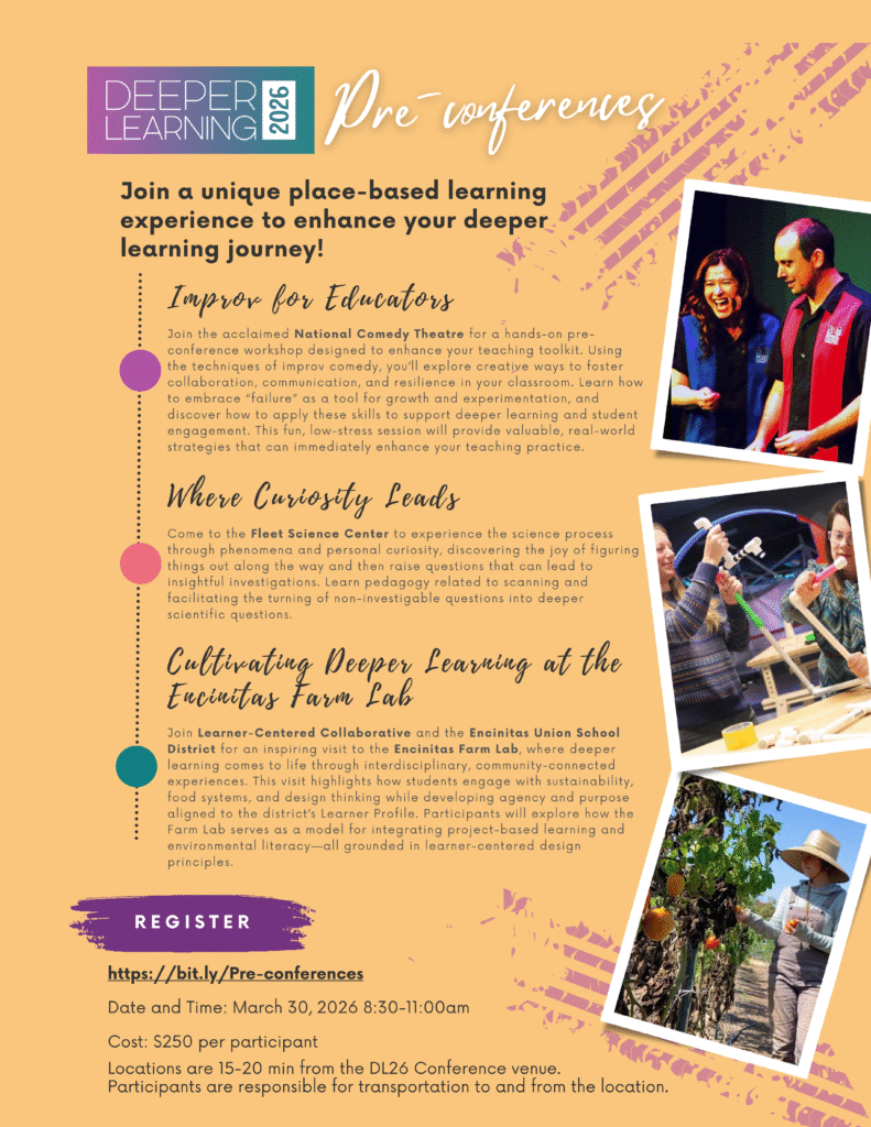 A colorful flyer for Deeper Learning 2026 pre-conferences features event details, descriptions of three workshops, dates, cost, a register button, and images of people engaging with hands-on group learning activities and valuable learning resources.
