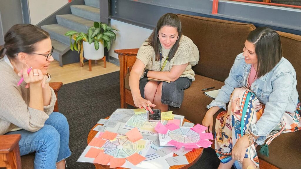 Three women sit around a coffee table covered with colorful papers, charts, and sticky notes, engaged in discussion and brainstorming ideas in a casual, collaborative setting.
