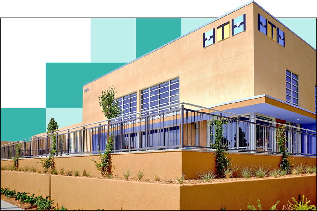 A modern beige building with large windows, metal railings, and HTH in blue and yellow letters at the top, surrounded by landscaped plants and a geometric blue-green background.