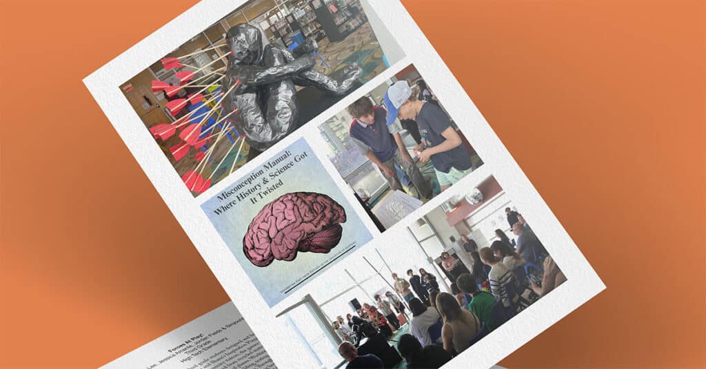A flyer features images of an abstract metal sculpture, people interacting at an event, a group discussion, and a drawing of a brain with the text: “Neurospring Salon: Where Neuroscientists Get Their Hands Dirty resisting pseudoscience.”.