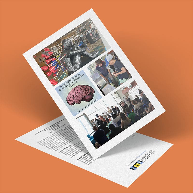 A flyer with images of art, people interacting in groups, and a brain illustration on an orange background. The flyer appears to promote an educational or community event focused on resisting pseudoscience.