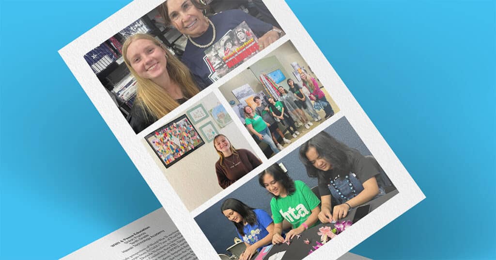 A collage of five photos showing people smiling, working on crafts, and posing in groups, highlights Peace Education themes. The images are mounted on white paper against a blue background.