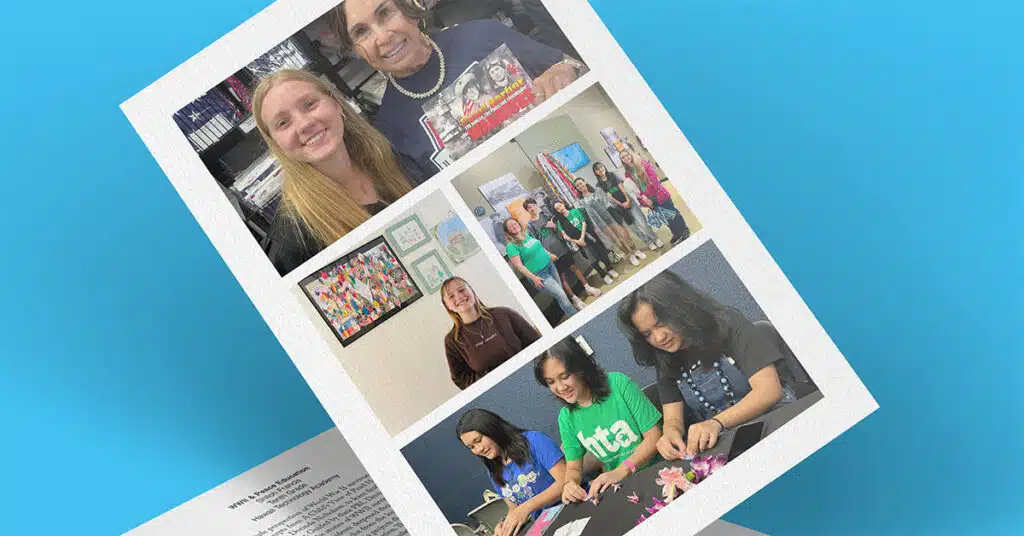 A collage of five photos showing people smiling, working on crafts, and posing in groups, highlights Peace Education themes. The images are mounted on white paper against a blue background.