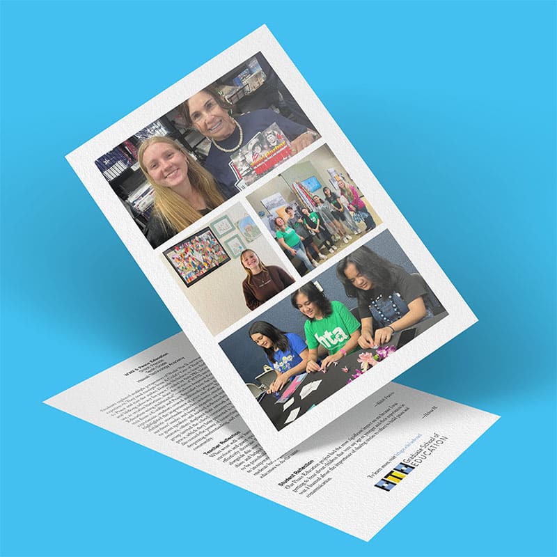 A flyer featuring photos of smiling students in classrooms, engaged in Peace Education activities, is displayed above a letter with the “Instruction Partners” logo, all set against a blue background.