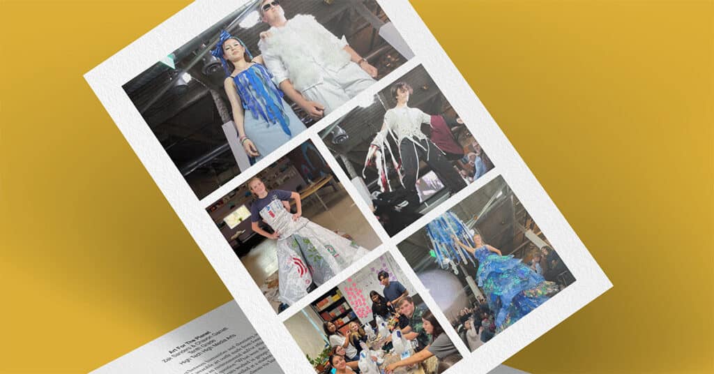 A collage of photos featuring people modeling colorful, creative outfits at a fashion event—some seated and watching. The gold gradient background highlights the vibrant atmosphere, celebrating Art for the Planet and sustainable style.