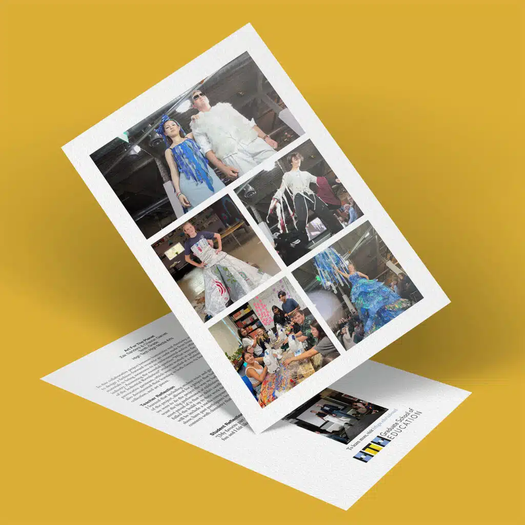 A flyer on a yellow background shows photos of models on a runway in creative outfits, with an audience watching and the fashion school logo, highlighting the "Art for the Planet" showcase, visible on the back.