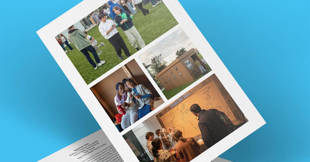 A flyer with five photos showing people at various events: kids on grass, two children eating ice cream, a brown building, a group around a large map exploring Migration Tails, and three children with a woman inside a room.