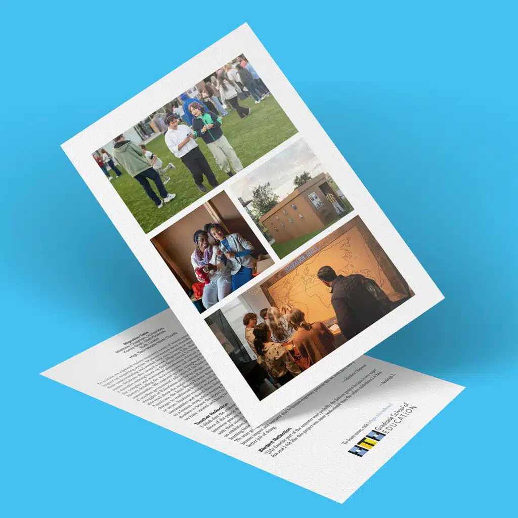 A flyer featuring photos of people at community events, a school building, and a man looking at a classroom map from Migration Tails; it is propped up on top of a letter, both on a blue background.