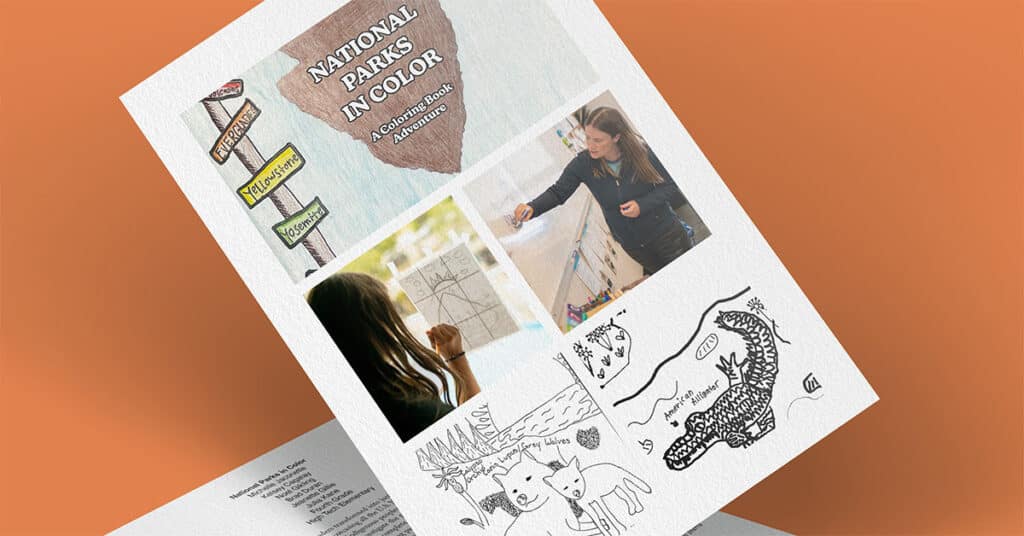 A brochure titled National Parks in Color: A Creative Book Adventure features hand-drawn park signs, vibrant photos of women coloring, and a black-and-white illustration of a national park scene ready for you to color.