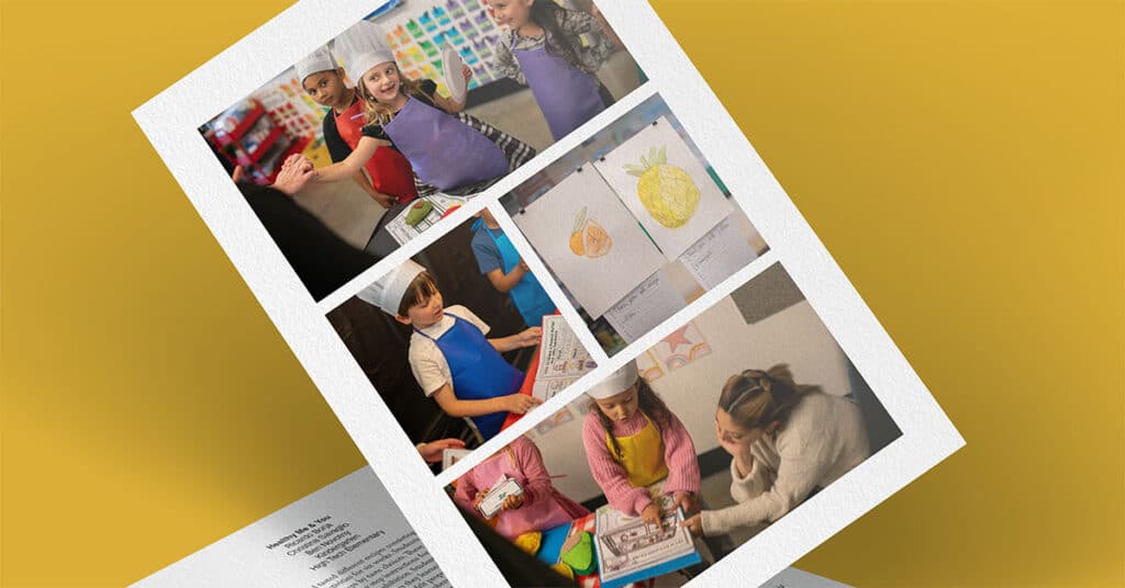 A collage of photos shows children in aprons and chef hats cooking, drawing fruit, and working together in a classroom for the Healthy You, Healthy Me program, overlaid on a yellow background with a white page beneath it.