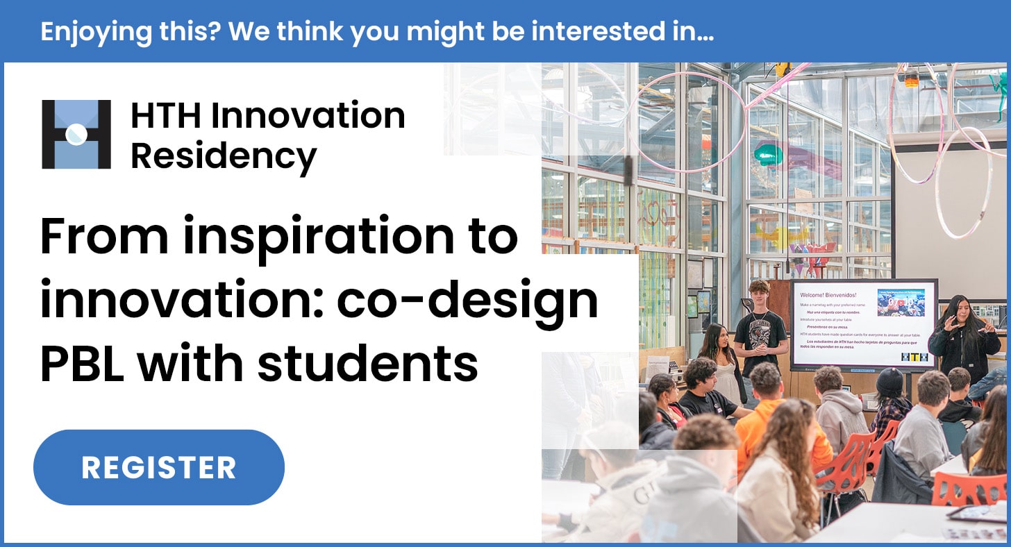 A group of people sit and face a presenter in a modern, glass-walled room with desktops open. A screen displays "Mutual Innovation." Text reads: From inspiration to innovation: co-design PBL with students for Deeper Learning 2026.