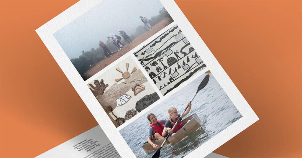 A card with four images: people hiking in fog, abstract line art, hand-drawn artwork with sun and animals, and two people paddling a cardboard boat on water—each capturing moments from epic journeys. The card stands on an orange surface.