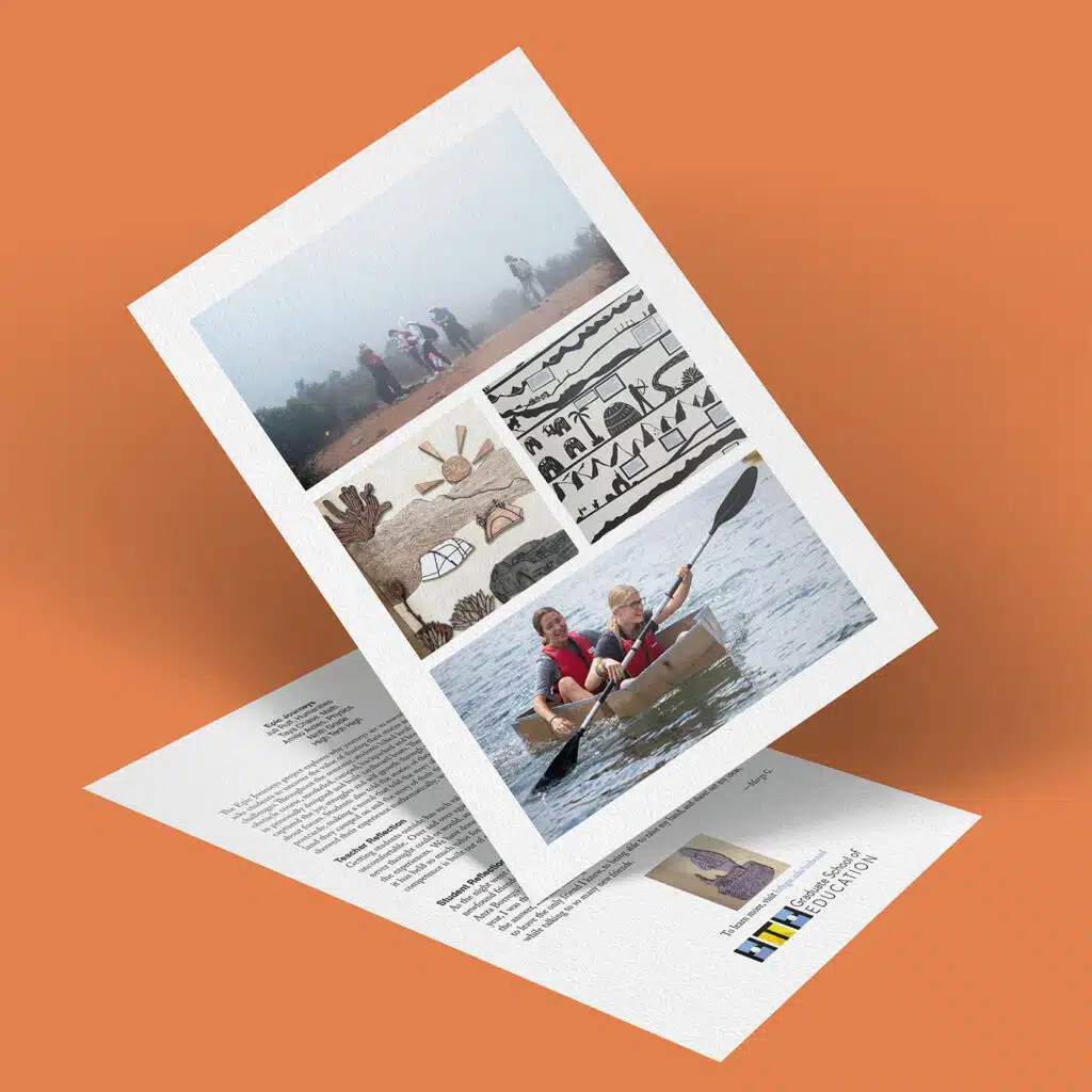 A flyer featuring children hiking, Indigenous-style artwork, and two children paddling a canoe—capturing the spirit of Epic Journeys—with text and a Manitoba Museum logo on the bottom page, set against an orange background.