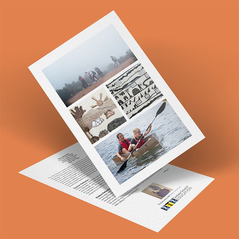 A brochure on an orange surface highlights Epic Journeys with photos of people hiking, kayaking, Indigenous artwork, and hands holding shells. The National Museum of Australia logo and text appear at the bottom.