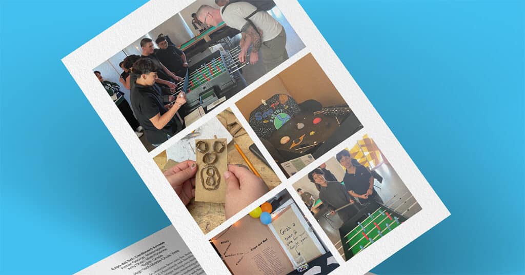 A collage featuring students and adults playing foosball, crafting, painting, and enjoying activities like the Cardboard Arcade. The images are arranged on a white card against a blue background, capturing the lively spirit of Expo del Sol.