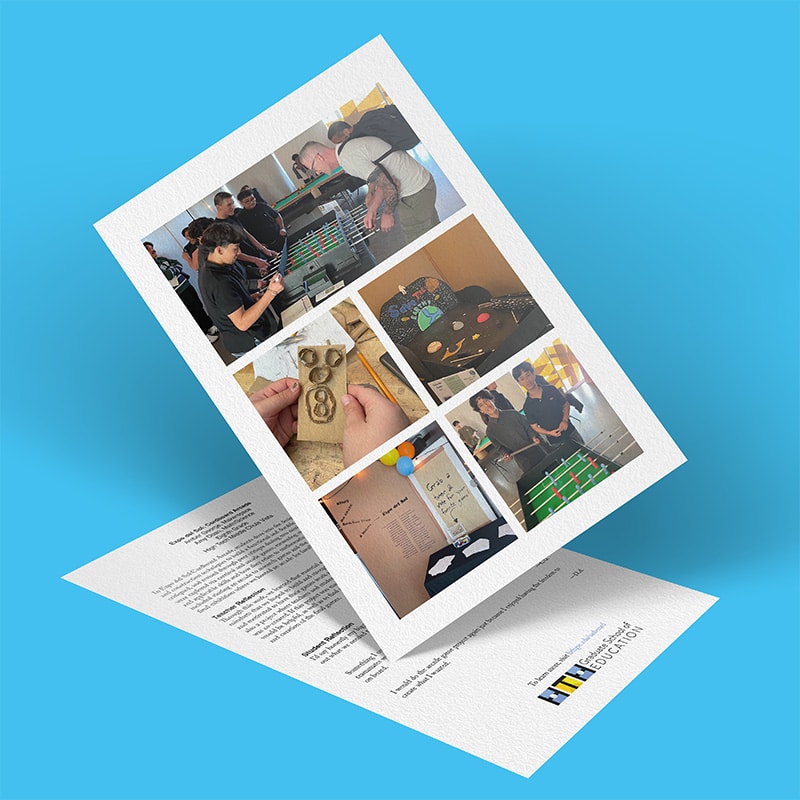 A flyer for Expo del Sol featuring photos of people playing table football, crafting, and showing off their Cardboard Arcade creations, placed over a letter with The Department of Education logo against a blue background.