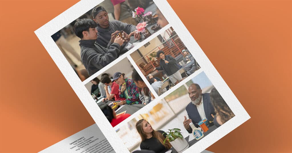 A collage of five photos shows people of diverse backgrounds interacting in a classroom or meeting environment, engaging in discussions, writing, and conversing over drinks at tables—capturing the lively spirit of a dinner party.