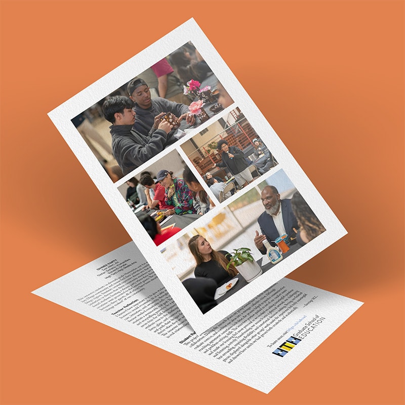 A brochure with photos of diverse people enjoying a dinner party and talking together is displayed on an orange background. The Michigan Engineering logo is visible on the bottom page.