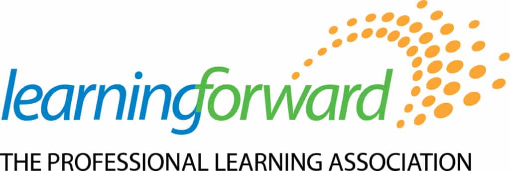 Learning Forward logo. The words learning in blue and forward in green, with orange dots forming an arch above forward. Below, black text reads: THE PROFESSIONAL LEARNING ASSOCIATION—a symbol of excellence in education leadership.