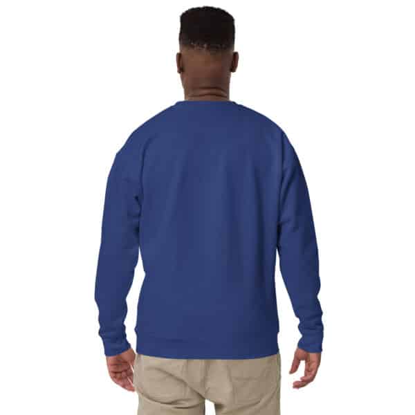 A person stands facing away from the camera, wearing a plain royal blue Unisex Crew Neck Sweatshirt and light beige pants, against a white background.