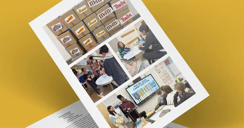 A printed page with photos showing people in a classroom setting, engaging in group activities, discussion, and unpacking boxes of candy bars for a fun Candy Election featuring Skittles, Starburst, and Twix, all set on a yellow background.