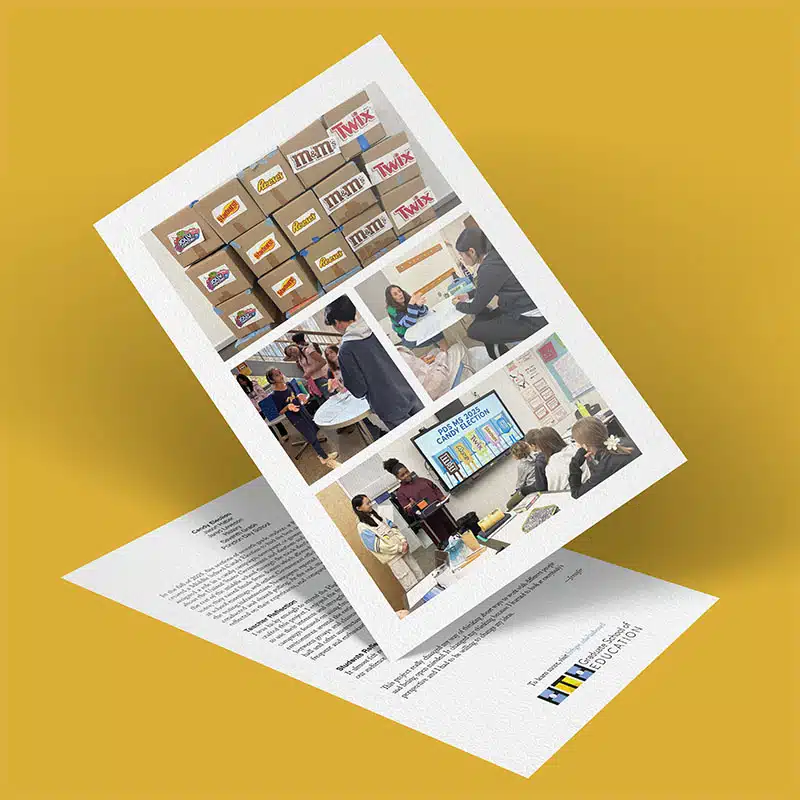 A flyer featuring a Candy Election theme: people interact at tables, candy bars labeled UNITY and TWIX, and a sign reading YOUR CHOICE MATTERS above a ballot box, all atop a printed letter with the Department of Education logo.
