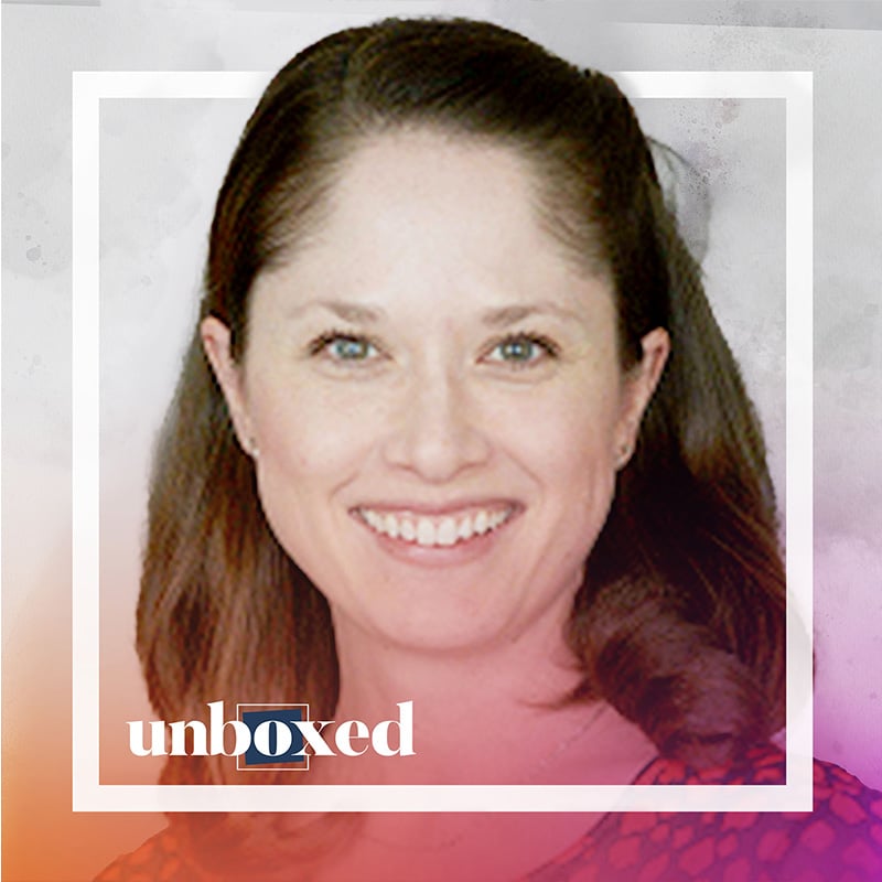 A woman with straight brown hair smiles at the camera, framed by a white square with "unboxed" below. Soft gray and purple tones in the background evoke the spirit of Transform Schools and moving Beyond Bureaucracy.
