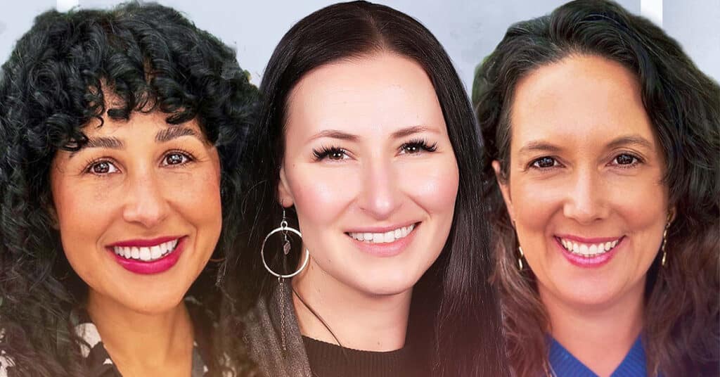 Three women smiling at the camera, standing side by side. All are wearing earrings and represent Cloverdale Unified’s commitment to improving outcomes for students with disabilities.