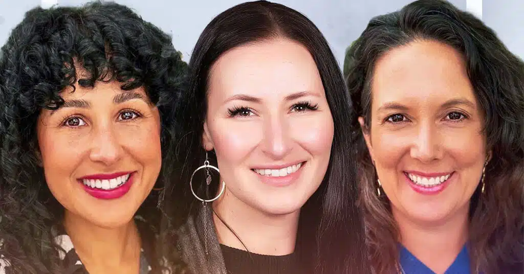 Three women smiling at the camera, standing side by side. All are wearing earrings and represent Cloverdale Unified’s commitment to improving outcomes for students with disabilities.