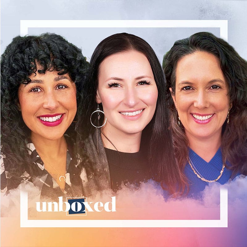 Three women smiling, posed closely together against a soft, pastel-colored background with clouds. The word unboxed appears in white text at the bottom, partially framed by a white square border—highlighting improving outcomes for students with disabilities.