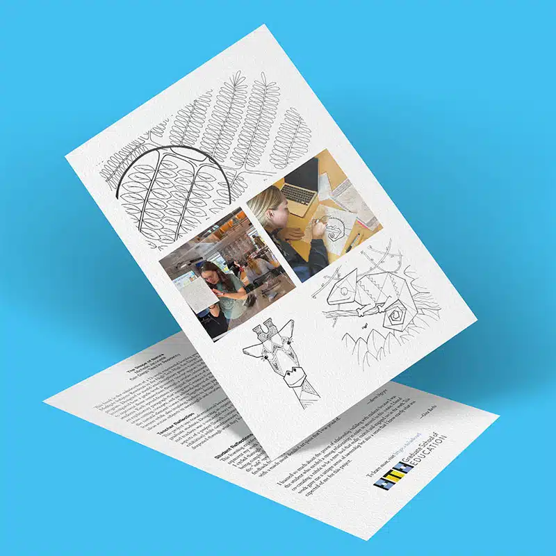 Two sheets of paper on a blue surface; the top sheet features hand-drawn line art inspired by the Shape of Nature—plants, a giraffe, geometric shapes—and three photos of people creating artwork. The bottom sheet contains text and a small logo in the bottom right corner.