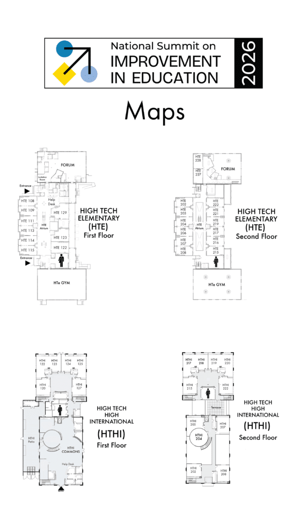 Four floor maps labeled for High Tech Elementary (HTE) and High Tech High International (HTHI) schools’ first and second floors are shown below a National Summit on Improvement in Education 2026 banner, highlighting key summit resources.