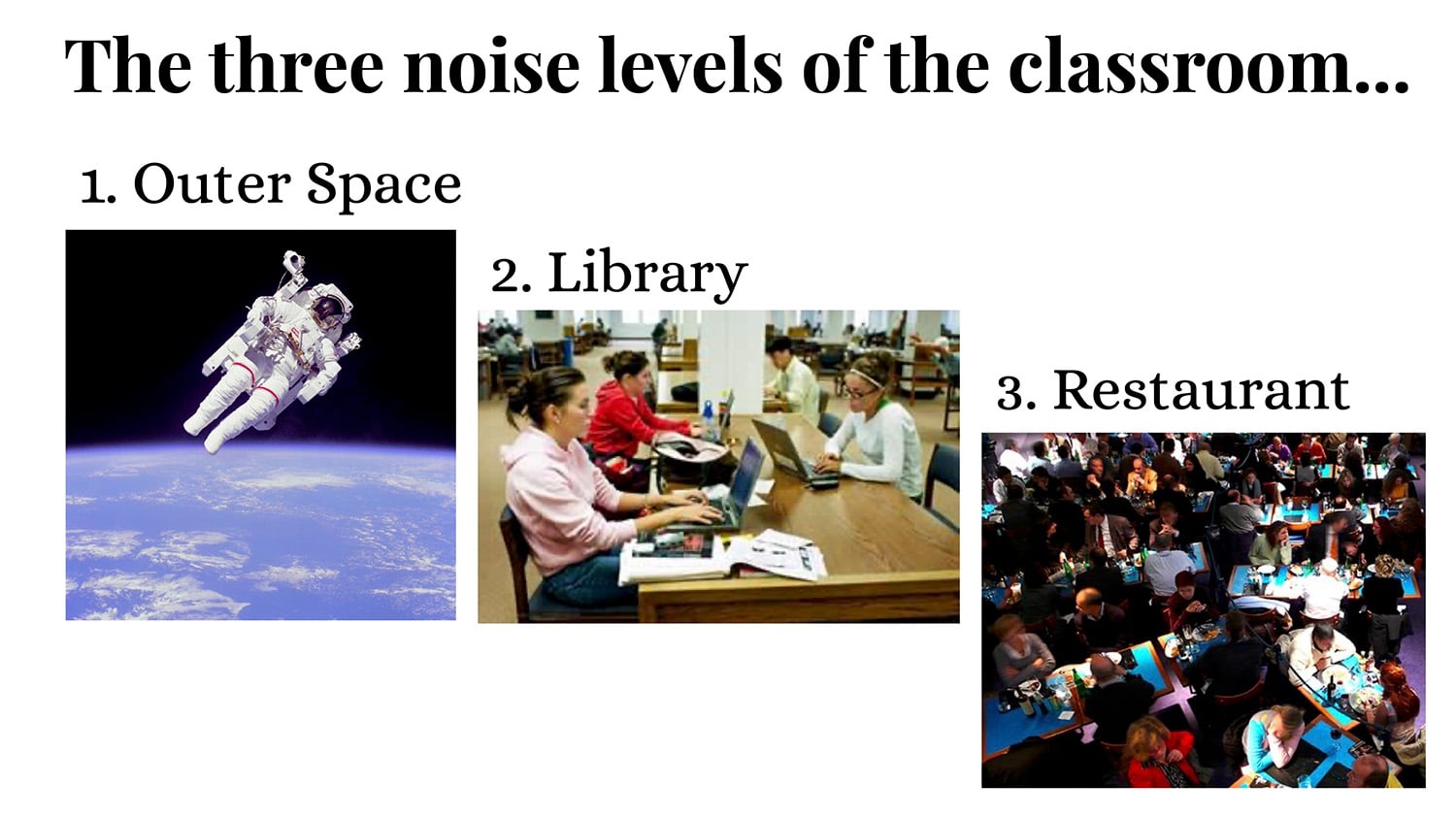 A chart titled The three noise levels of the classroom shows three images: an astronaut in outer space, students studying quietly in a calm classroom, and people talking in a noisy restaurant.