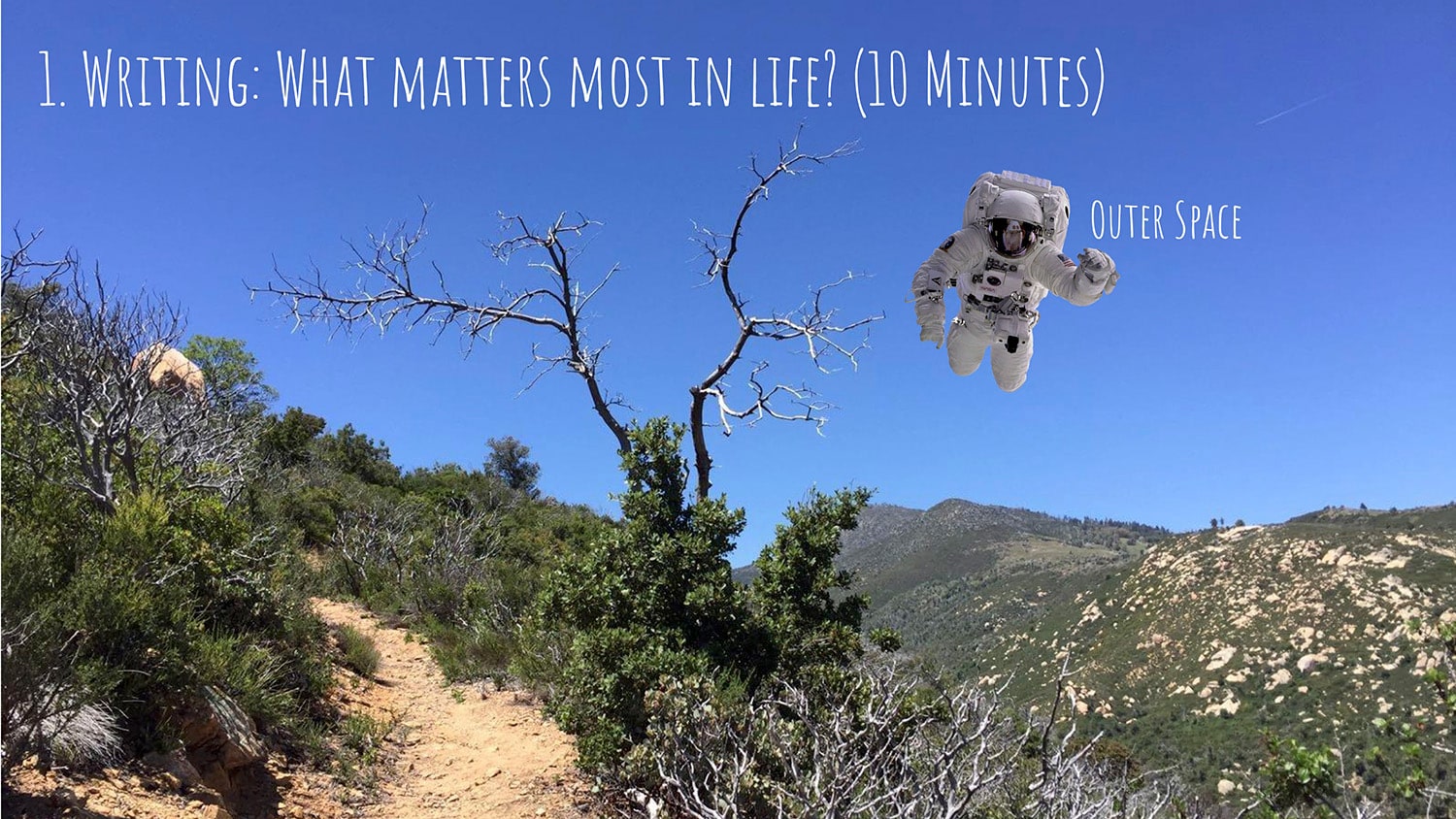 An astronaut floats in outer space above a hilly landscape with trees and a dirt path. The text reads, 1. Writing: What matters most in life? (10 Minutes) and Outer Space—ideal for inspiring reflection in a calm classroom.