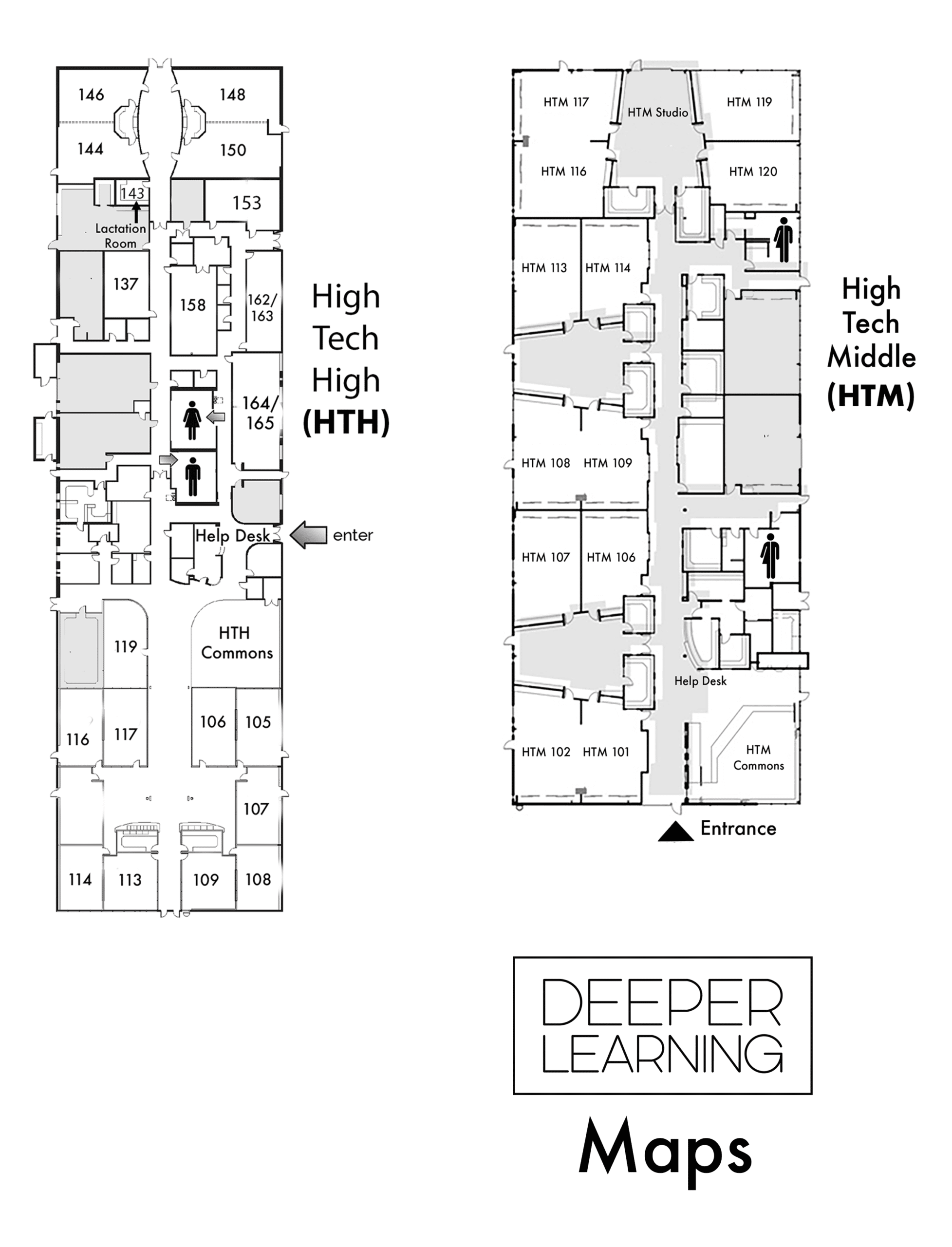Floor plans for High Tech High (HTH) and High Tech Middle (HTM) buildings, showing labeled rooms, restrooms, entrances, and common areas, with “DEEPER LEARNING Maps” text below the maps.