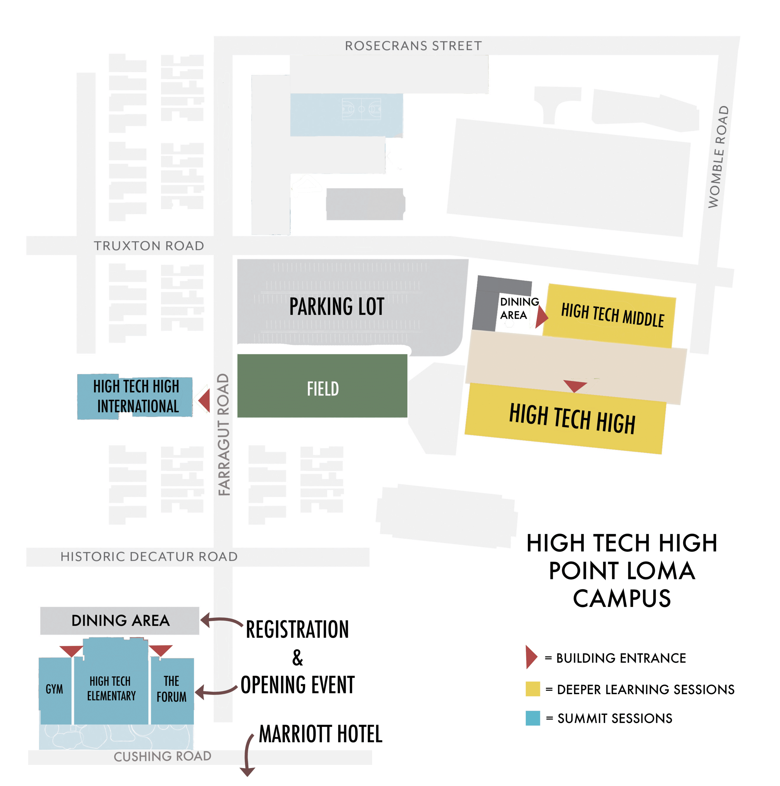 Map of High Tech High Point Loma Campus showing parking lot, field, Marriott Hotel, High Tech Elementary, International, High, and Middle buildings, dining areas, and paths for registration, events, and sessions.