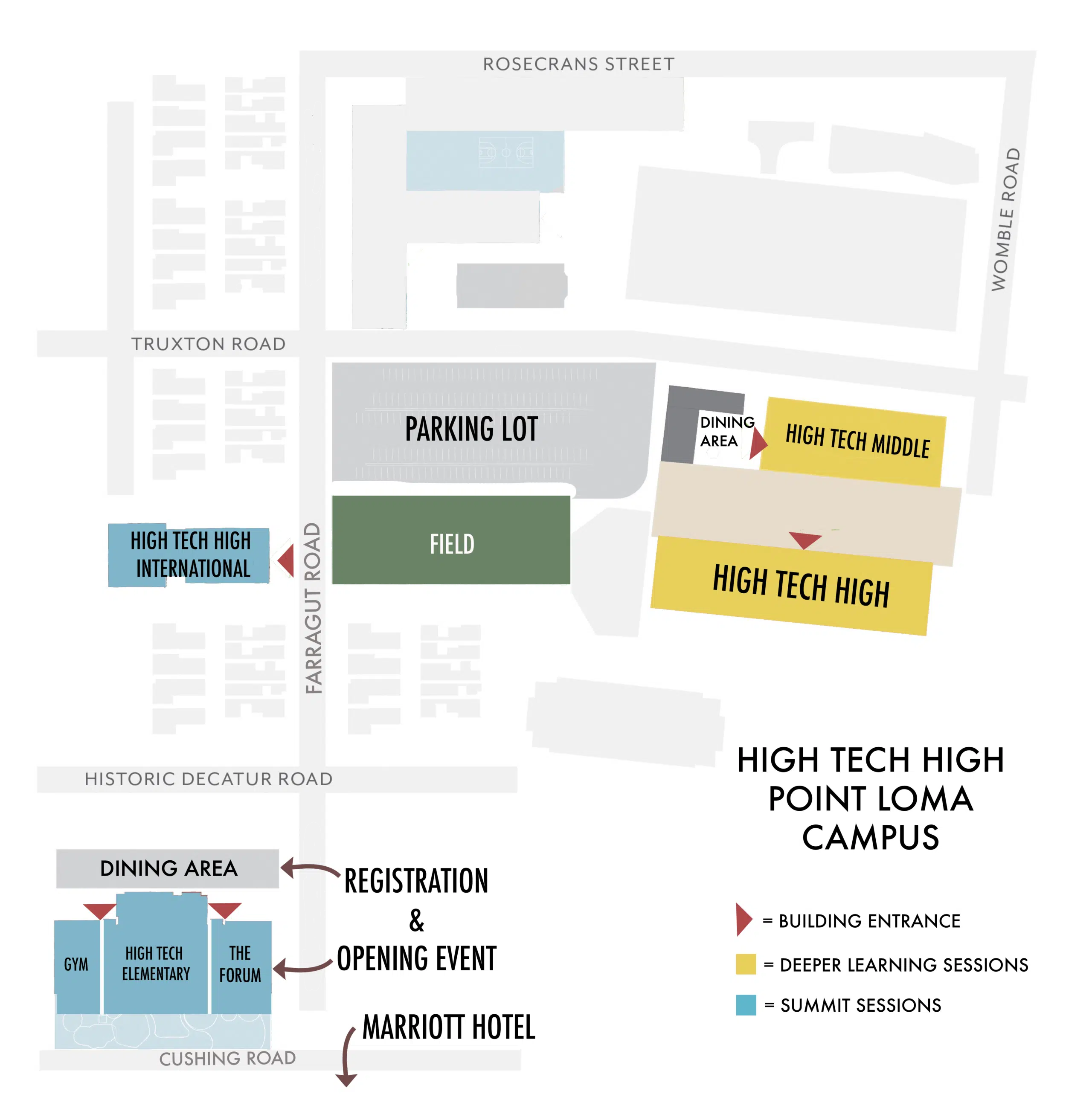 Map of High Tech High Point Loma Campus showing parking lot, field, Marriott Hotel, High Tech Elementary, International, High, and Middle buildings, dining areas, and paths for registration, events, and sessions.