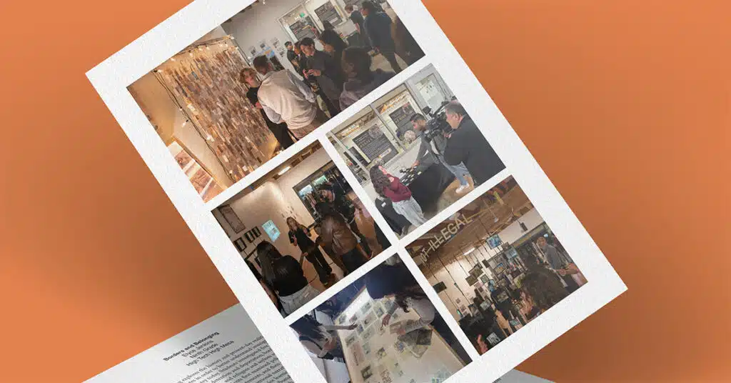 A collage of six photos on a white sheet, showing groups of people interacting and viewing artwork in a modern gallery—capturing moments of belonging. The sheet sits at an angle on an orange surface, with another partially visible underneath.