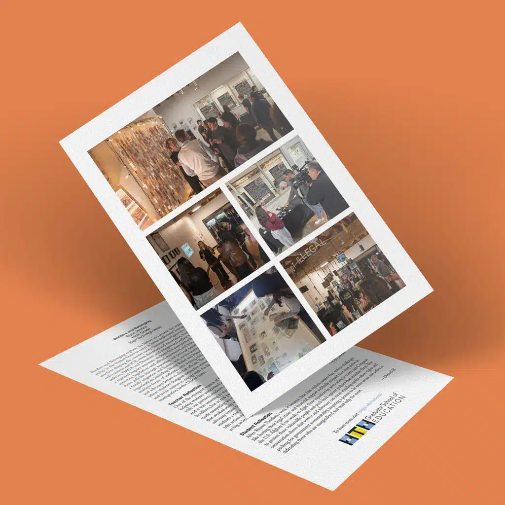 A flyer with photos of people at an art gallery event is propped up on an orange surface above a letter with a logo for the Ukrainian Canadian Art Foundation, exploring themes of belonging and borders in bold black text.