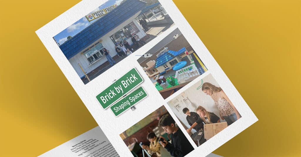 A flyer features images of a storefront, LEGO builds, children building with bricks, and the text Brick by Brick Shaping Spaces on a green sign. The vibrant yellow background emphasizes the creativity built brick by brick.