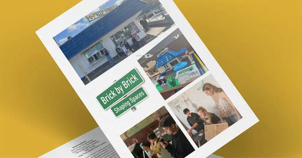 A flyer features images of a storefront, LEGO builds, children building with bricks, and the text Brick by Brick Shaping Spaces on a green sign. The vibrant yellow background emphasizes the creativity built brick by brick.