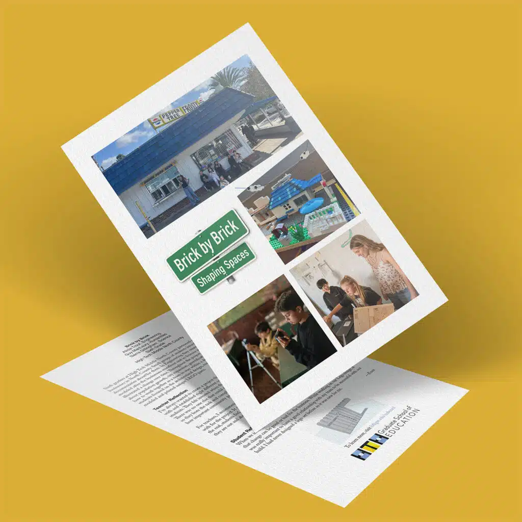 A brochure titled Brick by Brick, Shaping Spaces, features photos of a building, children playing, students conducting science experiments, and people moving boxes, all displayed on a vibrant yellow background.