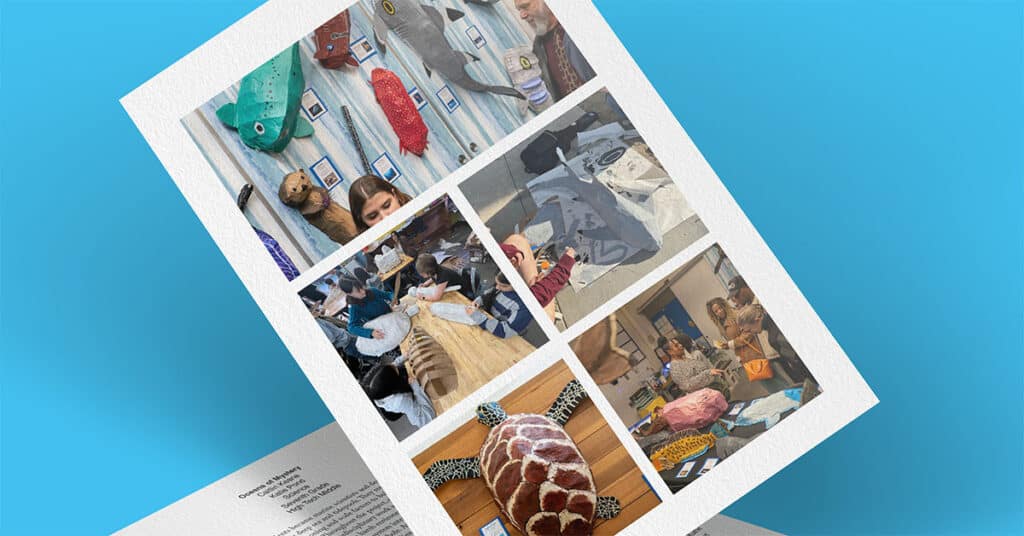 A collage of six photos depicting people creating sea creature costumes and models, including a turtle and various fish, captures the mystery of the oceans, all displayed against a bright blue background.