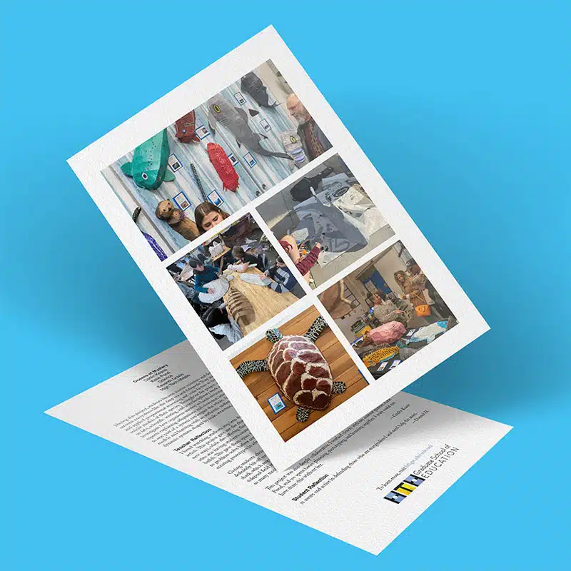 A folded leaflet on a blue surface features a collage of six images of marine-themed sculptures and exhibits, evoking the mystery of the oceans, with visible text and a blue and yellow logo on the bottom sheet.