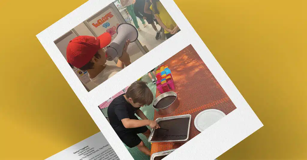A photo collage shows a child speaking into a megaphone in the top image, and in the bottom image, another child spreads batter on a tray—proof that things are always better together.