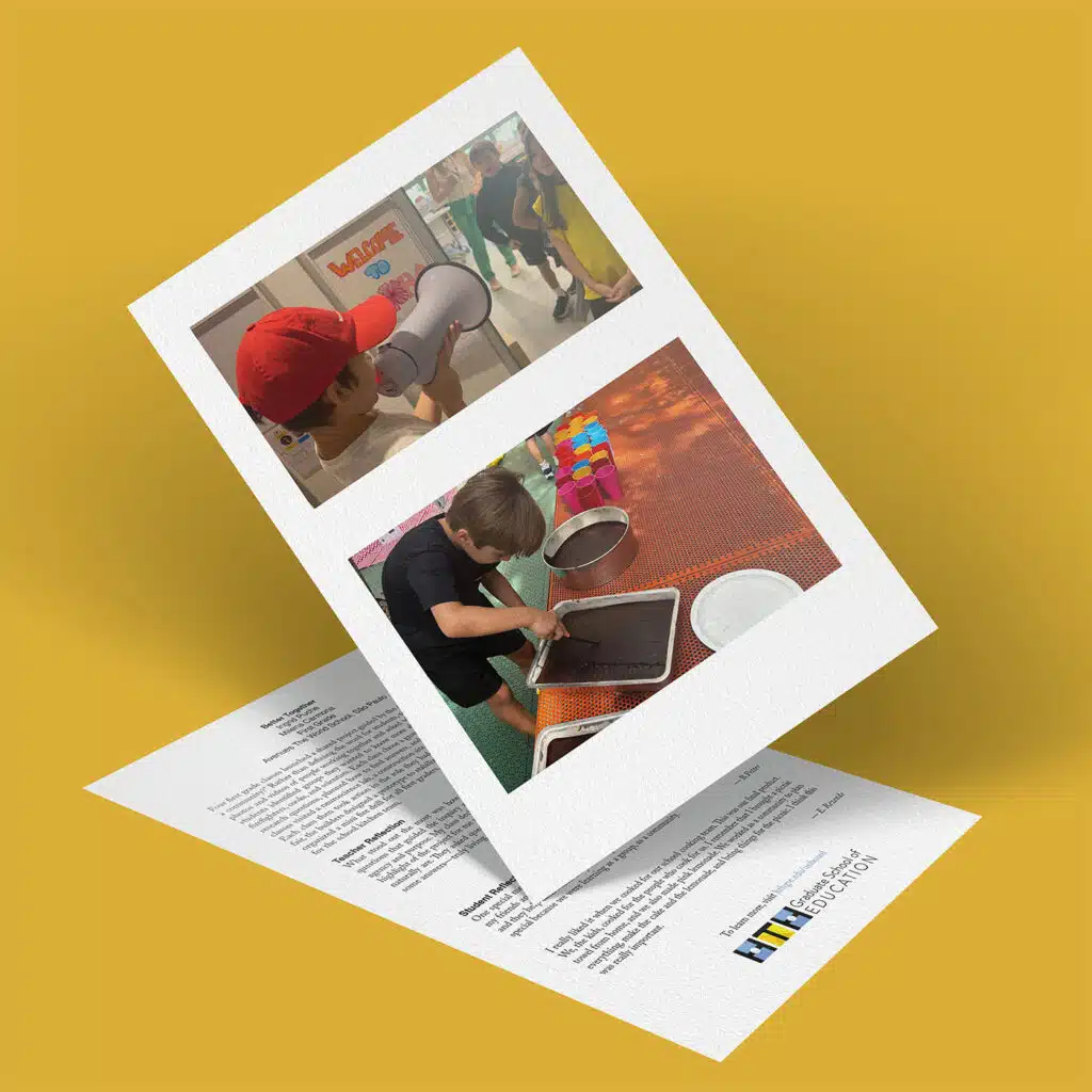 A flyer with two photos of children engaging in activities—one using a megaphone, another spreading soil in a tray—showcases the U.S. Department of Education logo and highlights the spirit of being Better Together.