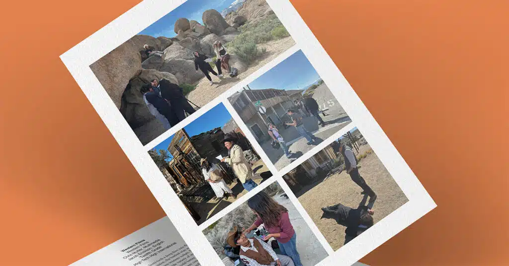 A photo collage on a white paper features people dressed in Western-style clothing, reminiscent of classic Western Films, interacting outdoors among large rocks and old wooden buildings, set against an orange background.