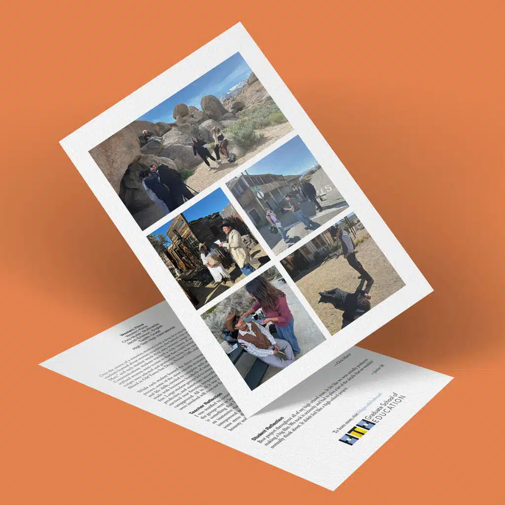 A flyer with four photos of people outdoors in sunny, rocky, desert-like settings—evoking scenes from classic Western Films—placed above a letter. The documents feature a Lone Pine Film History Museum logo on an orange background.