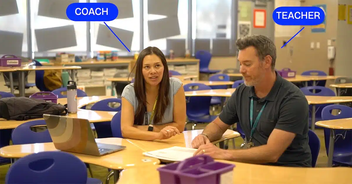 A woman labeled COACH and a man labeled TEACHER sit together at a table in a classroom with blue chairs. The coach is speaking while the teacher reviews papers, possibly discussing a Student Work Protocol.